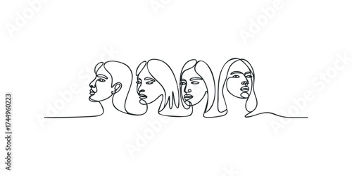 Line art of four female faces in profile facing left