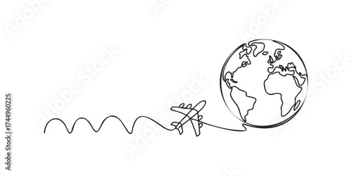 Airplane travels around the globe with a journey line