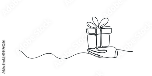Single Line Drawing of Hand Presenting Gift Box