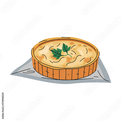 Quiche lorraine food or French pastry with eggs. Vector culinary pie or tart with cheese. Cooking for restaurant menu icon. Gourmet brunch clipart. Gastronomy and cuisine, European kitchen sign.