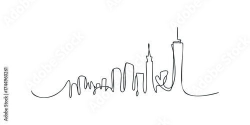 Single line drawing of iconic city skyline architecture