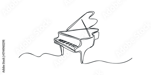 Minimalist line art of a grand piano on a white background