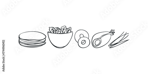 Pancake stack with salad bowl and sliced onion