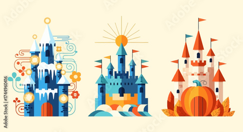 Three stylized fairytale castles with unique designs and themes.