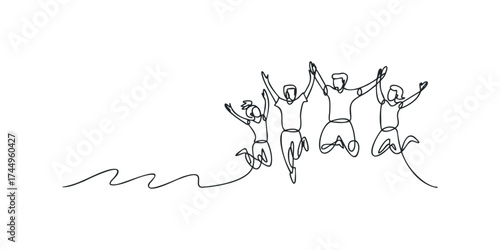 Group of friends jumping with joy in a continuous line drawing