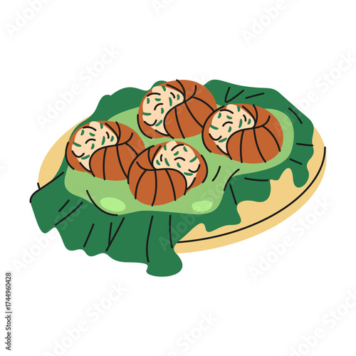 Snail meal or escargot dish. Vector French delicacy served with salad. Culinary and cooking sign. Natural and organic nutrition symbol. Restaurant menu icon. Kitchen cooking, gourmet gastronomy.