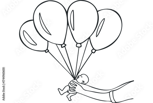 Baby lifted by balloons held by hands