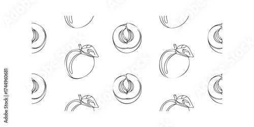 Line art of sliced and whole plums in a repeating composition