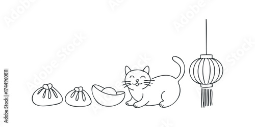 Cute Asian cat with food and gold ingot on white background