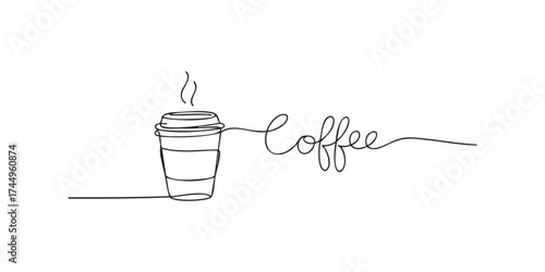 Single Line Drawing of Steaming Coffee Cup with Word Coffee