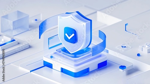  A 3D shield icon with a blue gradient, with a transparent frosted glass texture, representing protection and defense, etc