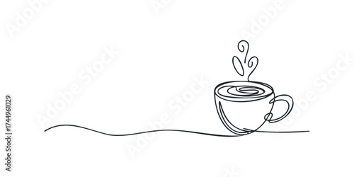 Single line drawing of a steaming coffee cup
