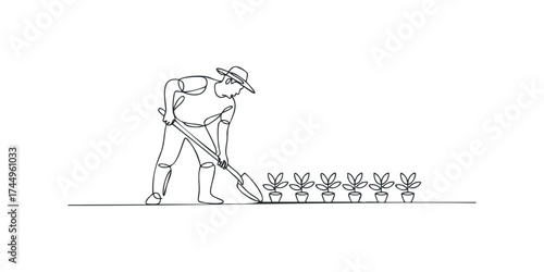 Gardener digging in soil with potted plants line drawing