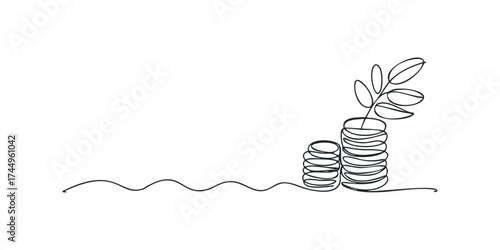 Line art of stacked coins with sprouting plant