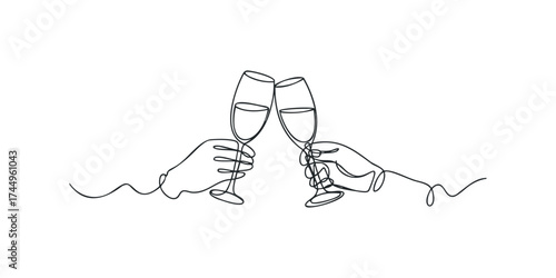 Two hands toasting champagne flutes in continuous line drawing