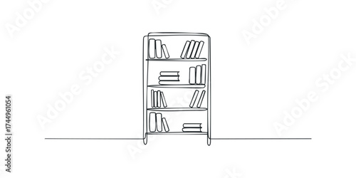 Minimalist continuous line drawing of a bookshelf filled with books