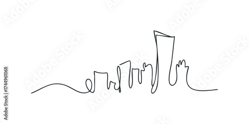 Single line drawing of a modern city skyline