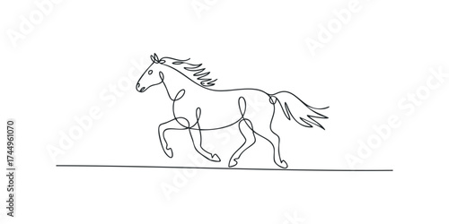 Single line drawing of a horse galloping
