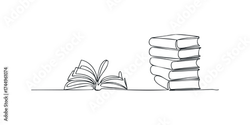 Continuous line drawing of open book and stack of books