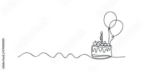 Minimalist Birthday Cake with Balloons and Candle Line Art