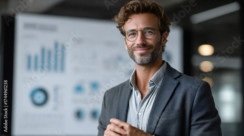 Confident young businessman in suit working on laptop and smiling in modern office