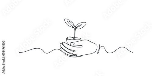 Continuous line drawing of hand holding potted seedling