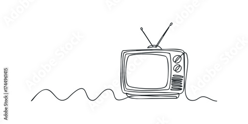 Continuous line drawing of vintage television set with antenna
