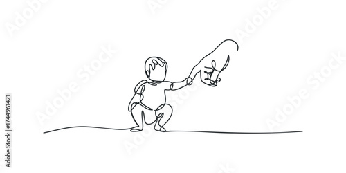 Toddler holding adult finger in continuous line drawing