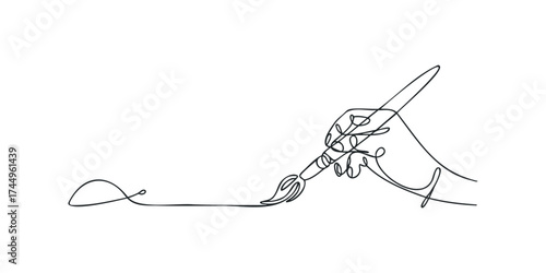 Hand holding paintbrush creating line drawing