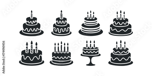 Set of eight birthday cake icons with candles