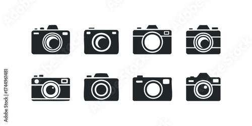 Set of eight camera icons on white background