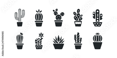 Collection of Potted Cactus Icons with Diverse Shapes
