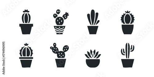 Collection of eight potted succulent and cactus icons