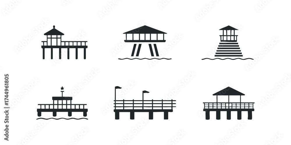 Fototapeta premium Collection of Six Pier Icons Over Water