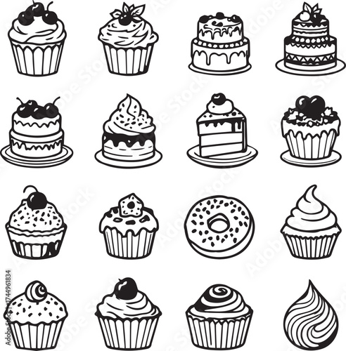 Dessert illustration set — black and white stylized cupcakes, cakes, and donuts with cherries, icing, and decorative toppings