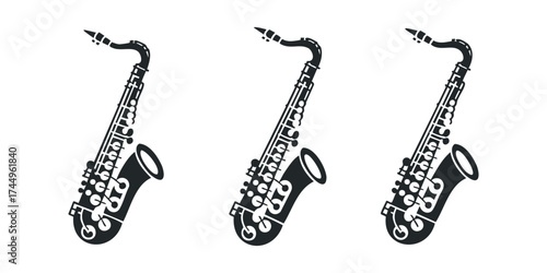 Three Black Saxophone Silhouettes on White Background