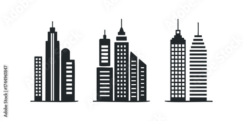 Collection of Silhouetted City Buildings on White Background