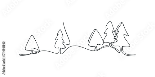 Continuous line drawing of evergreen trees on rolling hills