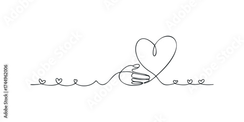 Line art of hand holding heart with small hearts