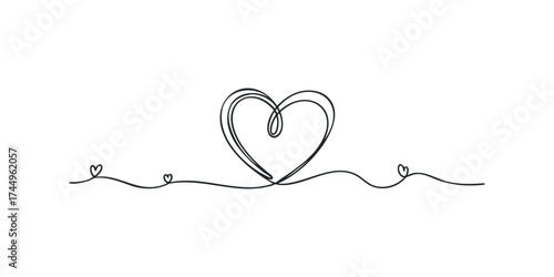 Single line drawing of a heart with smaller hearts