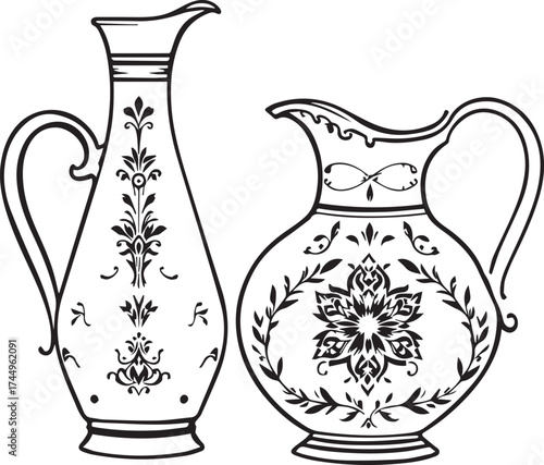Decorative pitcher set — black and white stylized jugs with floral and ornamental patterns for cultural and artistic themes