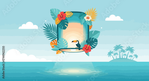 Tropical Toucan Bird Surrounded by Exotic Flowers and Leaves.