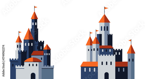 Two Cartoon Castles Side By Side With White Background.