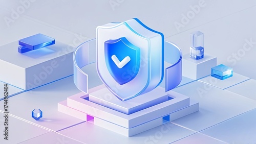 A 3D security icon in a blue hue with a transparent frosted glass texture, indicating a sense of safety and security.