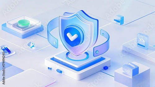 A 3D security icon in a blue hue with a transparent frosted glass texture, indicating a sense of safety and security.