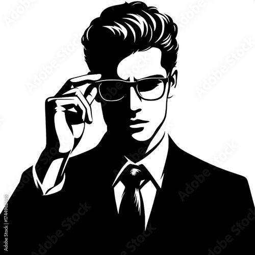 Black and White Vector Silhouette of a Man Holding Spectacle Frame Near Face