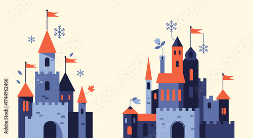 Two fantasy castles with flags and autumn leaves.
