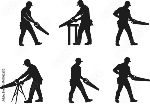 Carpenter silhouette, woodworking tools, sawing wood, construction worker, carpentry job, timber work, skilled trades, DIY project, artisan craft, cad drawing flat vector