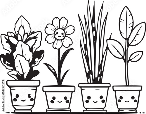 Cute potted plant illustration — black and white cartoon-style design of smiling pots with flower, grass, and leafy plant varieties