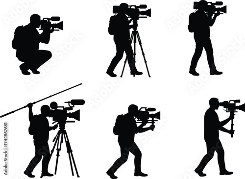 Camera operator silhouette, video recording, tripod camera, boom microphone, film production, cinematography worker, media crew, sound recording, creative profession, cad drawing flat vector